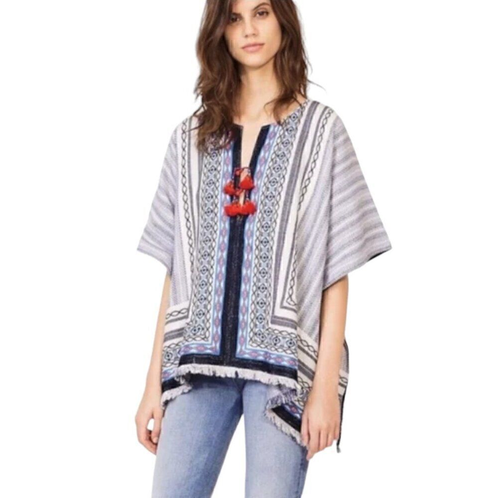 Tory Burch Boho Oversized Blaire Poncho M/L - w/ Tassles, New Ivory / Navy Sea